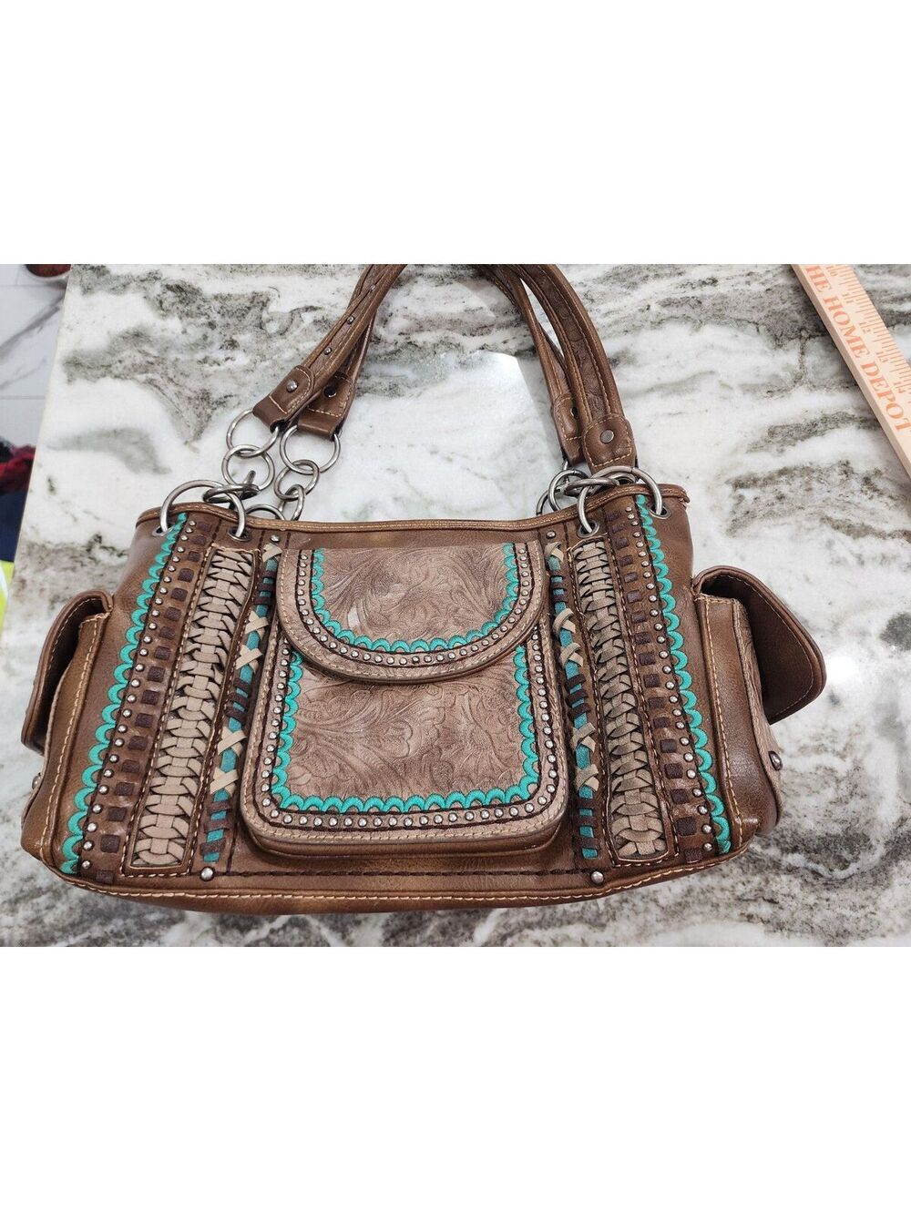 Montana West Brown Leather Handbag with Turquoise Accents and Studded Detailing